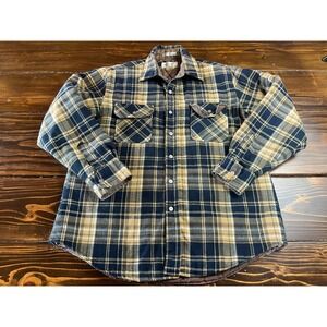 Windbreaker Shirt, Men's XL? Blue Tan Plaid Buttons Jacket Vintage Lined Quilted